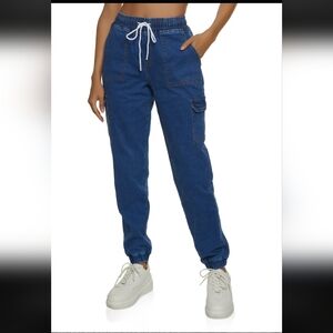 WAX JEAN  Women's Blue Jogger Jeans Cargo High Waisted SUPER STRETCH SIZE LARGE.